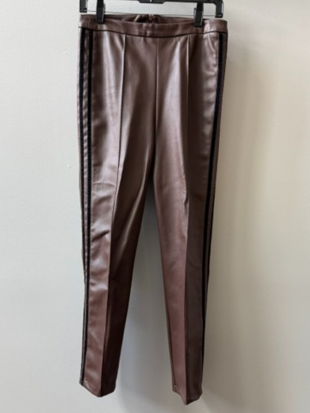 Italian leather brown pants with double black stripes down the sides